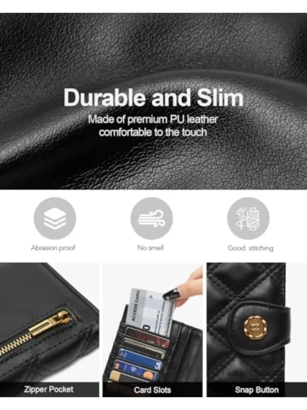 Slim Bifold RFID Blocking Vegan Leather Wallet with Zipper Coin Pocket